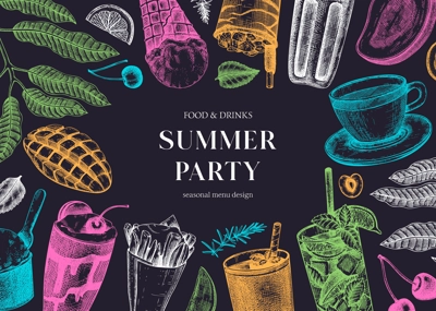 Summer party background. Non-alcoholic beverage, mocktail, ice cream, fruit, cocktail sketches. Hand drawn vector illustration. Summer food festival frame. Tropical design on chalkboard